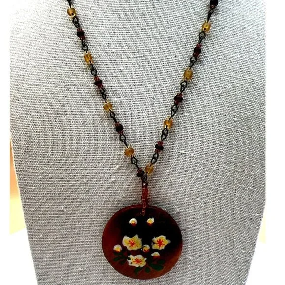 Vintage Hand-Painted Floral Pendant Necklace With Beaded Chain.  B44 - Picture 2 of 13